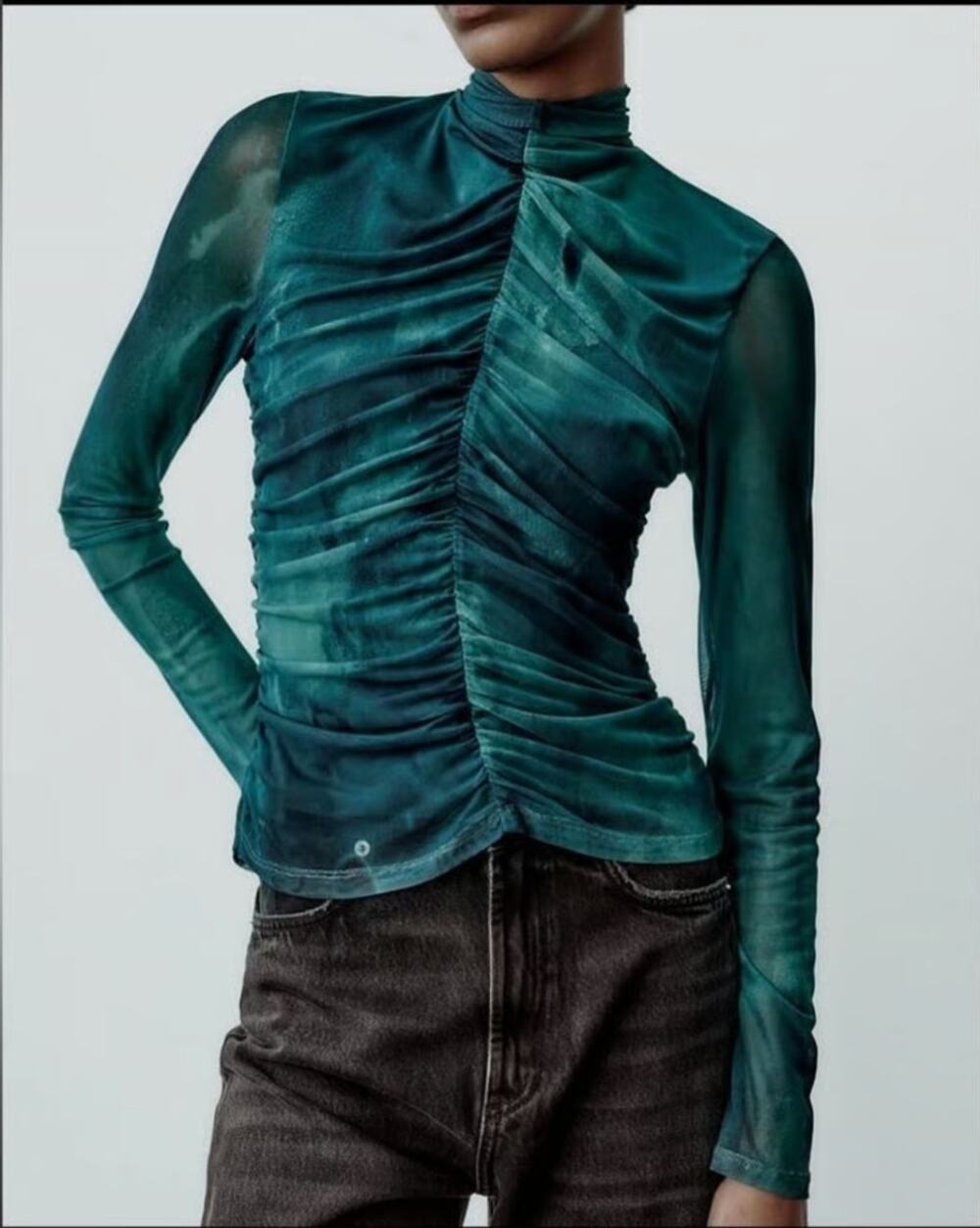 Zara Sheer Ruched Mesh Top Blue High Neck Long Sleeve Stretch Size M